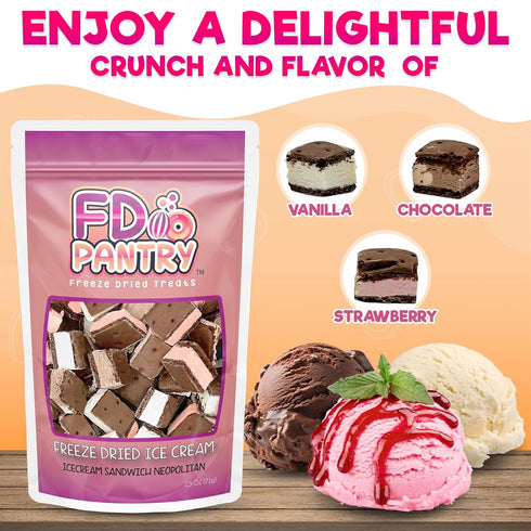 2 Pack 2.5oz 2 Freeze Dried Icecream Neapolitan Candy - Crunchy & Sweet Strawberry, Chocolate and Vanilla Icecream