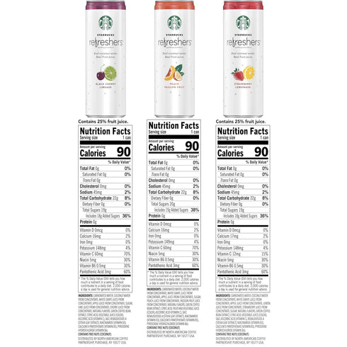 3 Pack 12 (Pack 12) Starbucks Refreshers, Flavor Variety (Peach,Cherry, Stw Lmd), Ounce Sleek Cans