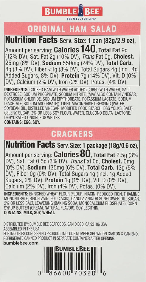Pack 8g (Pack 12) Bumble Bee Snack On The Run! Protein Snack - Ham Salad with Crackers - Protein per Box - Ready to Eat