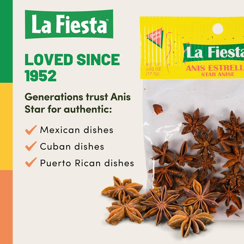 0.625 oz 1954 La Fiesta Star Anise, Whole Bag Sweet, Aromatic Spice for Latin Dishes, Desserts, and Teas Trusted Since