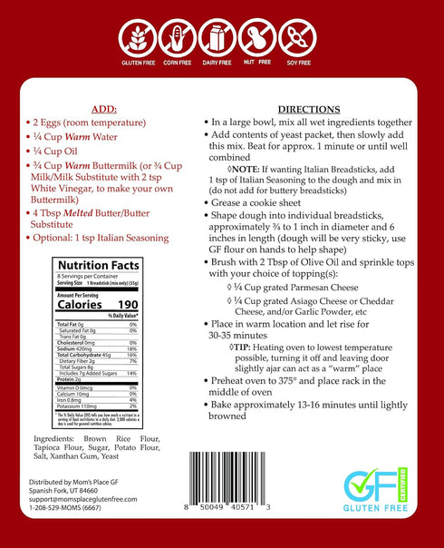 8-12 15.5 oz Mom's Place Gluten-Free Buttery Breadsticks Mix, Easy to Make, Nut Free, Dairy Free, Soy Free, Makes
