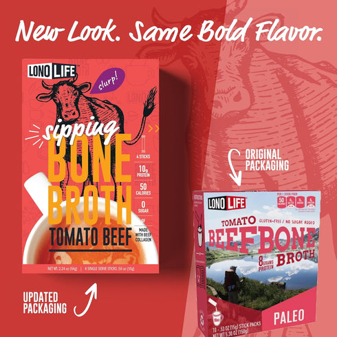 LonoLife Tomato Beef Bone Broth Powder Mix, Grass-Fed, 10g Protein, Collagen-Rich, Keto & Paleo Friendly, 4 Stick Packs