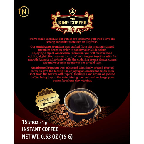 TNI King Coffee Americano Premium - Medium Roast Vietnamese Coffee, Finely-ground, 15 Sticks x 1g Pack of 1