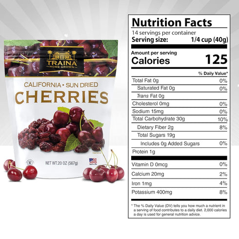 (20 Oz) Traina Home Grown California Sun Dried Bing Cherries - Healthy & Non-GMO, Natural Sweet Flavor Fruit No Sugar