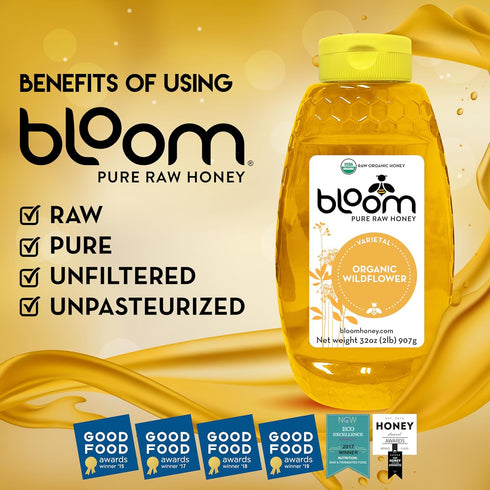 BLOOM PURE RAW HONEY 100% 32oz) Bloom Honey Pure Organic Raw Unfiltered and Unpasteurized Raw Honey (WILDFLOWER
