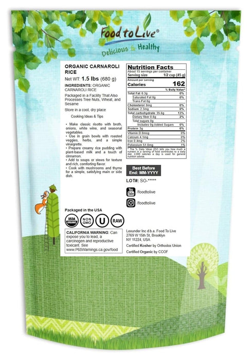 1.5 Food to Live Organic Carnaroli Rice, Pounds Premium Italian Risotto Rice, Ideal for Creamy Risottos and Gourmet