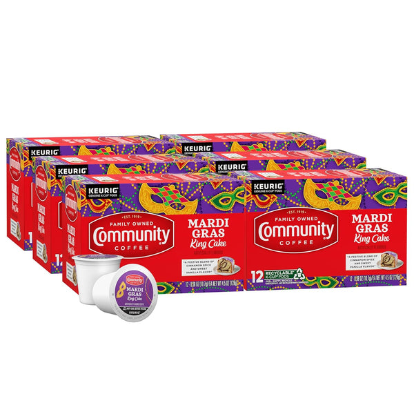 Community Coffee Mardi Gras King Cake Flavored 72 Count Coffee Pods, Medium