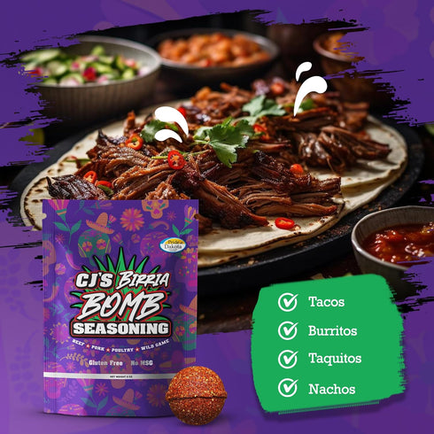 CJ'S ALL TERRAIN SEASONING 2 8 oz Pack, CJs Birria Bomb Seasoning Bombs in MSG-Free | Authentic Mexican Spice Mix