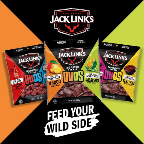 (4 Pack) 3.25 oz 9g 100% Jack Link's DUOs Jalapeno and Mango Beef Jerky - Bags - Ready to Eat Protein Snacks - Protein