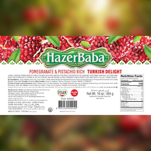 16oz (Pack 1), Hazer Baba Turkish Delight Pistachio Candy, Pomegranate Flavored, of Gourmet Snack Box, Traditional