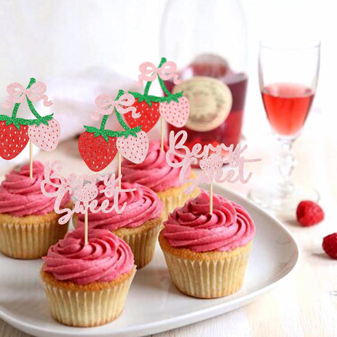 24 Pack Ercadio Strawberry Cupcake Toppers Glitter Bow Birthday Strawberry Cake Picks for Fruit Baby Shower Birthday