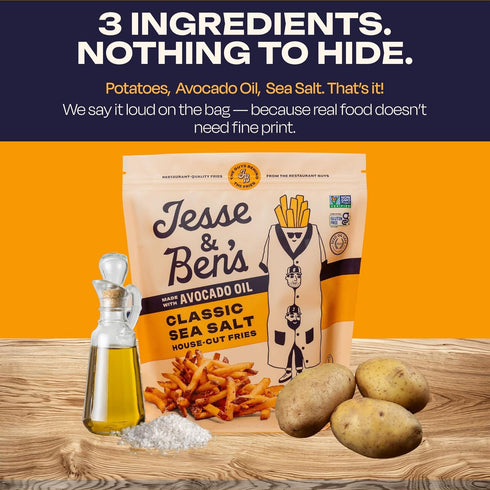 Frozen 3 Jesse & Ben's Classic Sea Salt Fries, Made with Avocado Oil, Gluten-Free, Non-GMO, Vegan Potatoes, Healthy