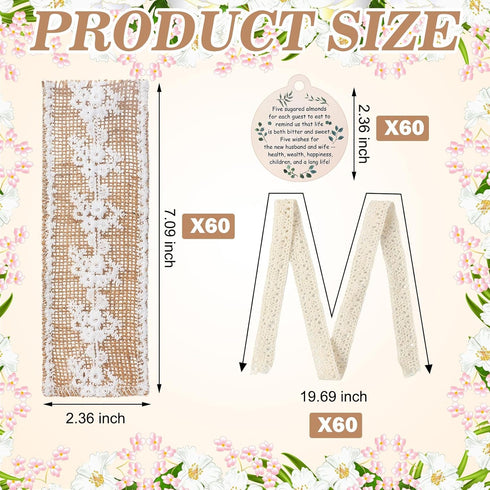 60 Set Packaging Woanger Wedding Almond Candy Favors for Guests Include Lace and Greeting Card bridal Souvenirs