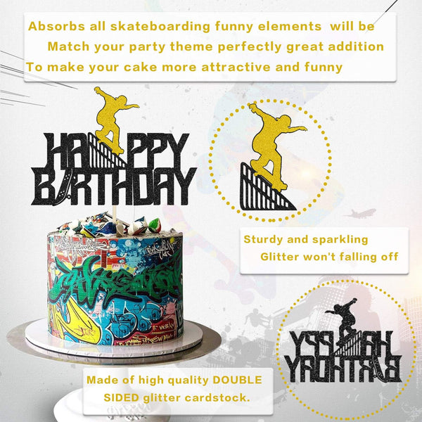 Glitter Happy Birthday Skateboard Cake Topper for Extreme Sport Skateboarding Graffiti Theme Birthday Party Decorations