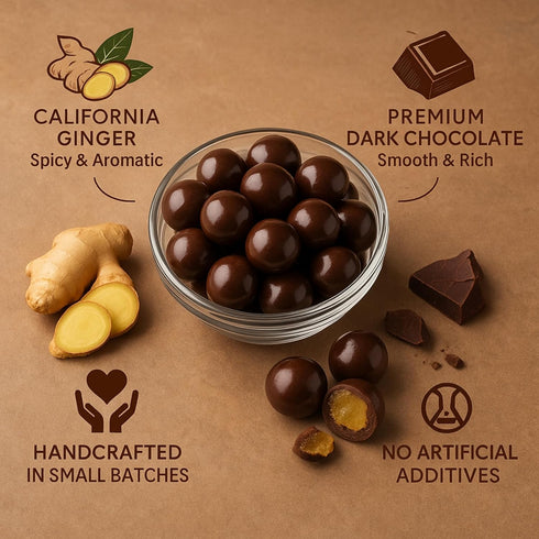 (1lb) ANDY ANAND CHOCOLATIER Chocolatier Dark Chocolate Covered California Ginger - No Artificial Additives, Luxurious