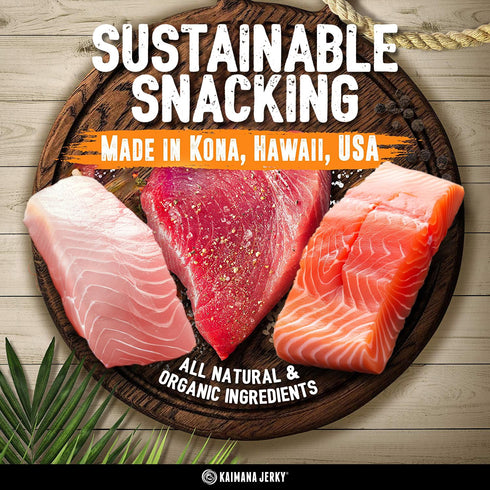 Pack Protein-Packed, Omega-3 4 Package Kaimana Jerky Variety - Ahi Tuna, Salmon & Wahoo Ono Fish Jerky - All-Natural