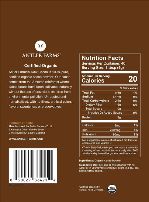 100% 40 200g Antler Farms - Pure Organic Raw Cacao Powder, servings, - Vegan, Gluten Free, Cultivated Naturally