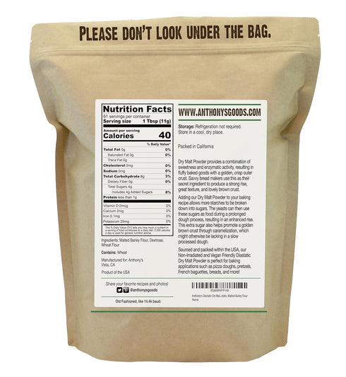 1.5 lb, Anthony's Diastatic Dry Malt Powder, Made in the USA, Diastatic, Malted Barley Flour