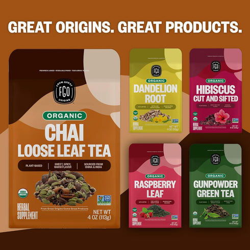 16 Packaging (Pack 1) FGO Organic Chai Tea, Ounce Loose Leaf Bulk Resealable Bag, May Vary