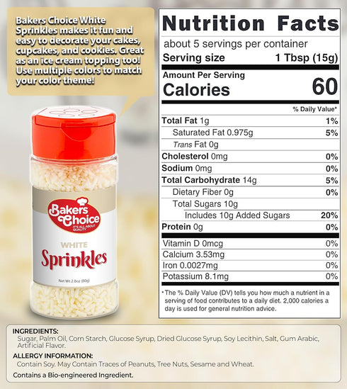 Bakers Choice White Sprinkles for Baking, Jimmies Sprinkles for Ice Cream Toppings, Dairy Free, Kosher 2.8 oz