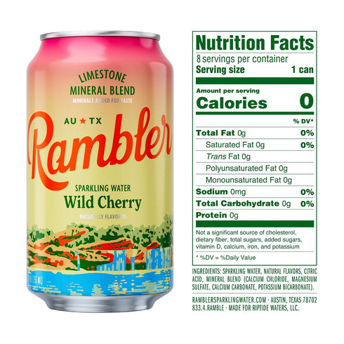12-Ounce 12-Pack AUTX RAMBLER Sparkling Water, Texas Limestone Mineral Blend, Wild Cherry Flavor, Cans