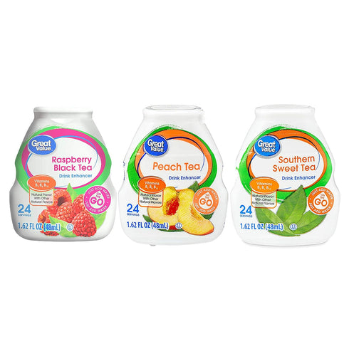 Great Value Liquid Flavor Enhancer Tea Selection - Southern Sweet tea, Peach, Raspberry-Black Tea.