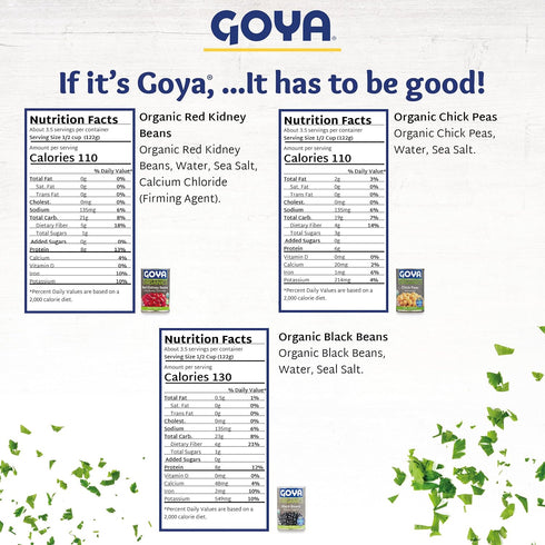 15.5 oz Goya Canned Bean Sampler - Black Beans, Red Kidney Beans, Chickpeas, Organic & Low Sodium, Each - Great