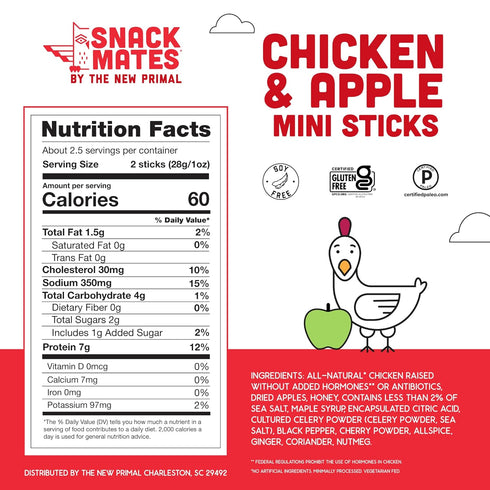 7g 60 0.5 (10 Pack) New Primal Snack Mates Chicken & Apple Sticks, Gluten Free Healthy Snacks for Kids, Low Sugar High