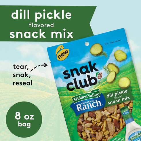 8 oz Snak Club Hidden Valley Ranch and Dill Pickle Flavored Snack Mix, Toasted Corn, Roasted Almonds, Peanuts, Salted