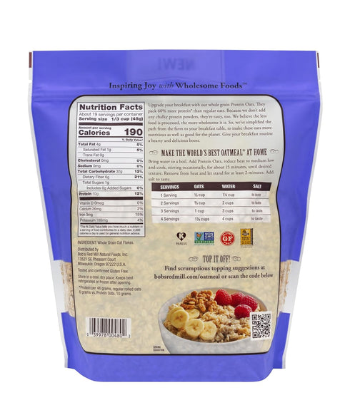 32oz (Pack 4) 10g Bob's Red Mill Gluten Free Protein Oats, of - Protein/Serving, Non GMO, Whole Grain, Vegan, Kosher