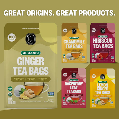 FGO Organic Ginger Tea - 100 Count, Eco-Conscious Tea Bags, Caffeine Free, Packaging May Vary