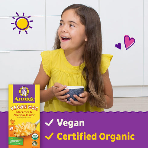 6 oz Annie's Vegan Mac and Cheddar Flavor Pasta and Sauce, Organic, Plant Based, Dinner Side or Snacks