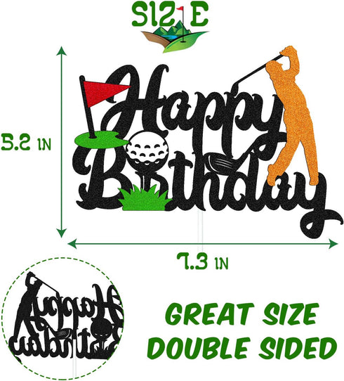 Golf Birthday Cake Topper, Happy Birthday Sign for Sport Themed Party Decorations, Black Glitter Décor