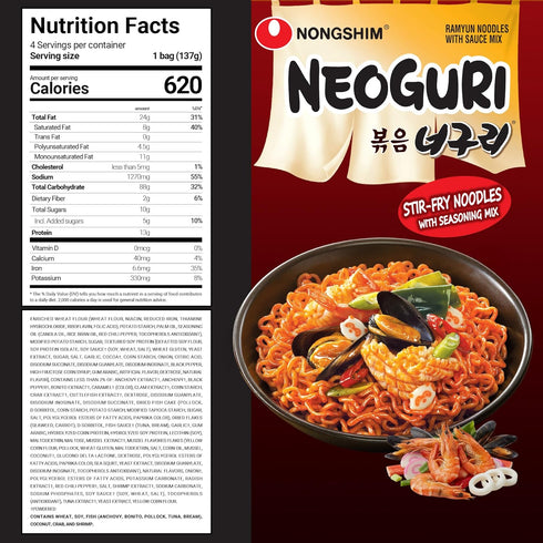 4.83 oz (Pack 4) Nongshim Neoguri Spicy Seafood Stir Fry Ramyun Noodles, Seafood Flavored Korean Instant Noodles, Thick