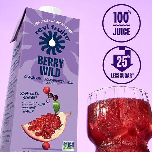 100% 32 oz. (Pack 6) Revl Fruits Juice, No Added Sugar, Cranberry Pomegranate Acai, Berry Wild, fl Carton