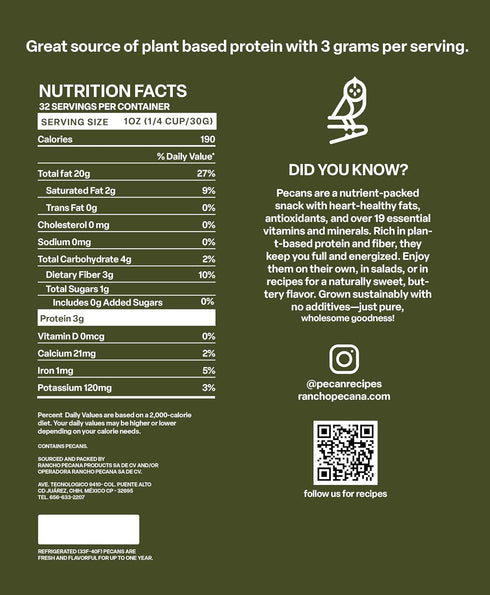 2 LB, 3g 1 oz, RANCHO PECANA - Natural Pecan Halves, Grain Free, Gluten Free, Non-GMO, Vegan Snack, Organic Nuts
