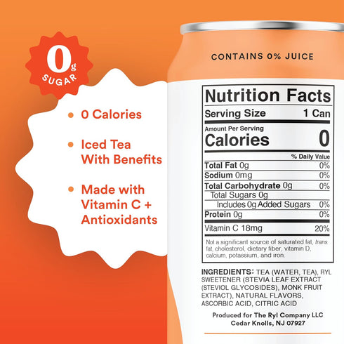 16.0 Oz (12-Pack) Ryl Iced Tea, Peach, Antioxidant Superblend, No Artificial Ingredients, Fl