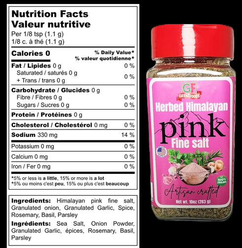10oz Geenafoods Herbed Himalayan Pink Fine Salt, Artisan Crafted with Garlic, Onion, Rosemary, Basil, Parsley, more