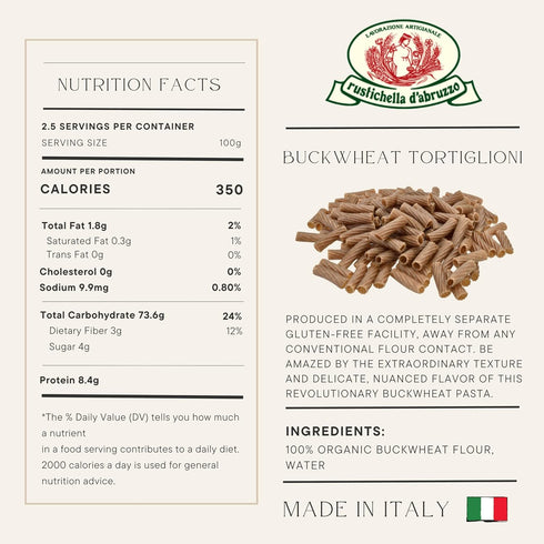8.8 oz Rustichella d'Abruzzo Organic Buckwheat Tortiglioni, Grano Saraceno, Gluten-Free Pasta with Distinct Flavor