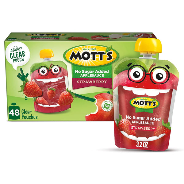 Mott's No Sugar Added Strawberry Applesauce, 3.2 Oz Clear Pouches, 48 Count