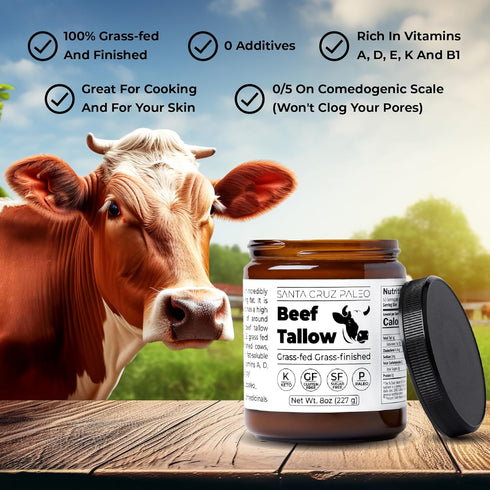 100% B1, 8 Oz Santa Cruz Paleo Beef Tallow for Skin Care & Cooking, Grass Fed and Finished, Gluten Free, Keto, Sugar