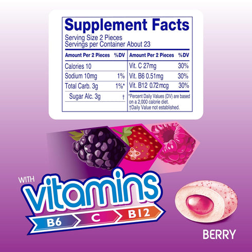 45 Count 6 Mentos Vitamins Gum, Sugar Free Gum With Vitamins and Xylitol Sweetener, Berry, Bottle, Bottles
