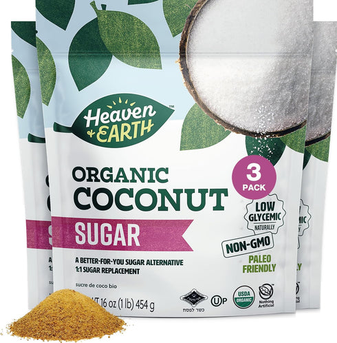 Heaven & Earth Organic Coconut Sugar, 16oz (3 Pack) | Low Glycemic