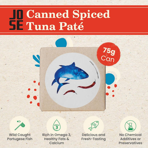 3, 75g Canned Spiced Tuna Pat by Jose Gourmet, Wild Caught Portuguese Tuna, Tinned Fish Pat, High Protein Sustainable