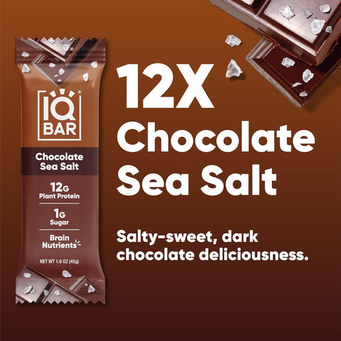 12 Count IQBAR Clean Plant Protein Bars - Chocolate Sea Salt - - Keto, Vegan, High Fiber, Gluten and Dairy Free, Low