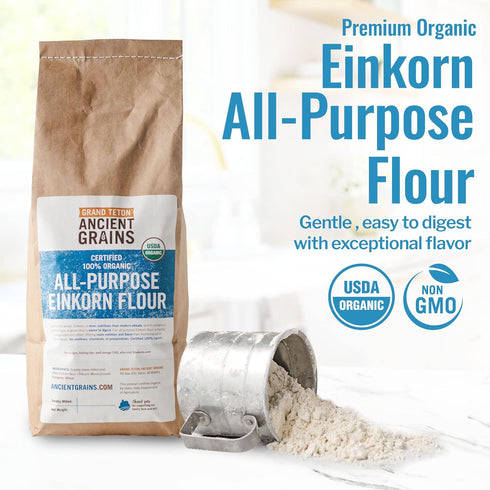 100% 5 lbs Grand Teton Ancient Grains - Organic All-Purpose Einkorn Flour, Einkorn Flour Organic & Non-GMO, Einkorn