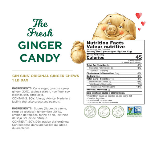 1 lb (16oz) Pack 1 GIN GINS Original Ginger Chews Natural Fresh Ginger Candy by The Ginger People Individually Wrapped