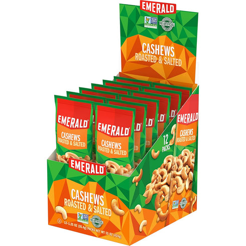 12 (1-Pack), 1.25 Oz Emerald Nuts Roasted & Salted Cashews Ct Individual Snack Tubes, Plant-Based Protein, Kosher
