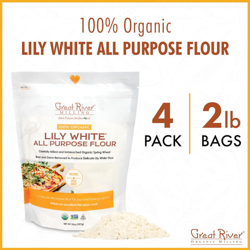 2 Lb (Pack 4) Great River Organic Milling Lily White Organic All-Purpose Flour | Unbleached & Unbromated | Non-GMO