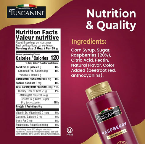 Sauce,10.6 oz Tuscanini Italian Premium Raspberry | Made in Italy | Gourmet Fruit Syrup for Cheesecake, Plating